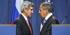 U.S. Secretary of State John Kerry, left, and Russian Foreign Minister Sergei Lavrov, shake hands after making statements following meetings regarding Syria, at a news conference in Geneva, Switzerland, Saturday Sept. 14, 2013. U.S. Secretary of State Kerry and Russian Foreign Minister Lavrov said Saturday they have reached an agreement on a framework for Syria to destroy all of its chemical weapons, and would seek a U.N. Security Council resolution that could authorize sanctions, short of military action, if Syrian President Bashar Assad's government fails to comply. (AP Photo / Larry Downing)